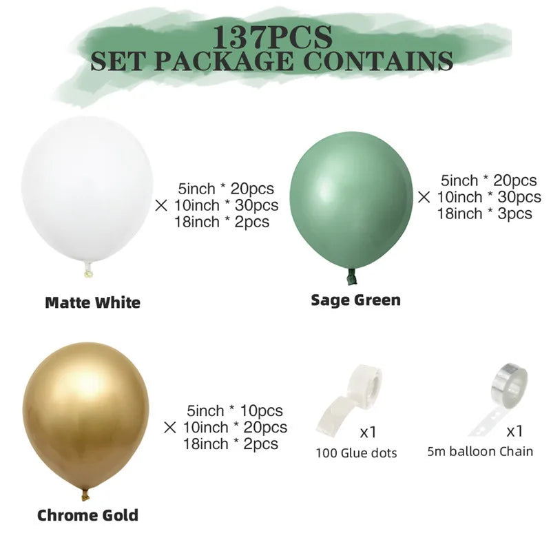 137PCS Sage Green Balloon Garland Arch Kit White Gold Confetti Balloons for Wedding Birthday Balloons Baby Shower Decorations